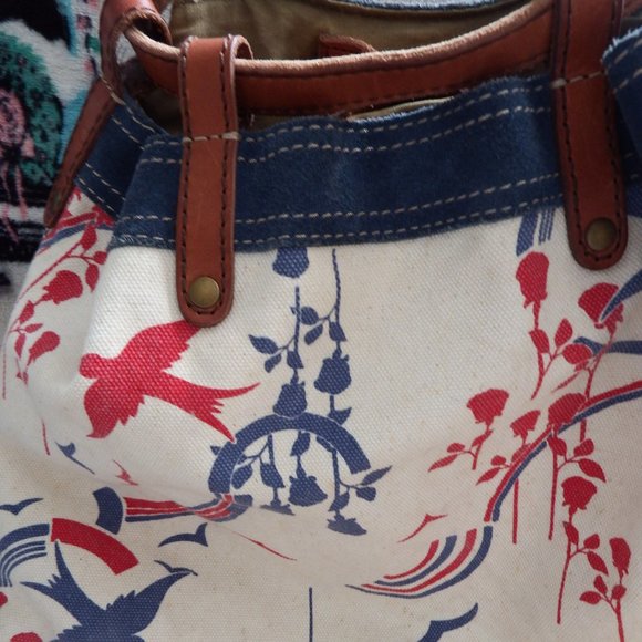 Lucky Brand Vintage Inspired Canvas Backpack Leather Trim Birds Rainbows - Picture 8 of 10